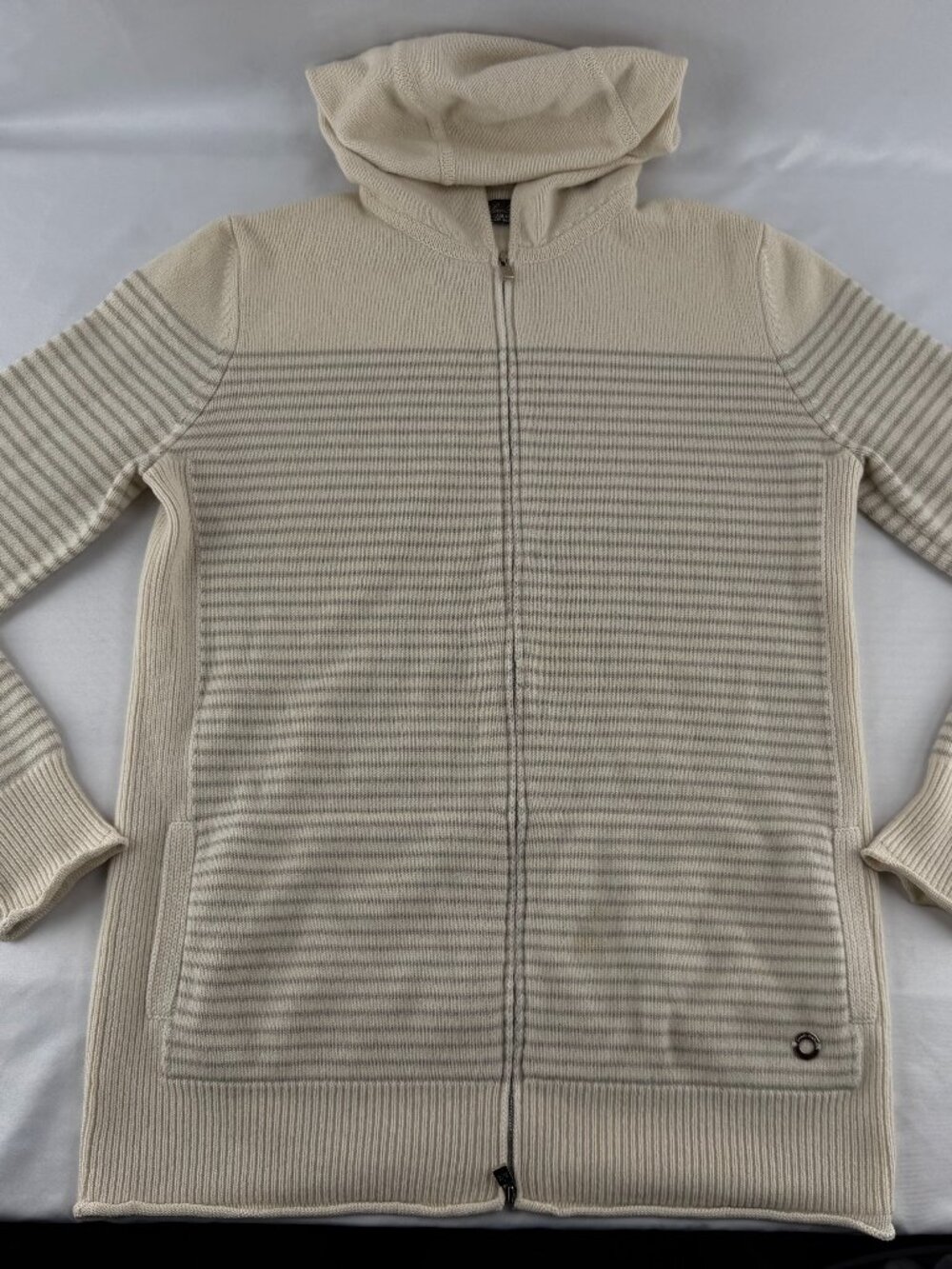 Loro Piana Baby Cashmere Full Zip Hooded Sweater Stripe Ivory Size 40